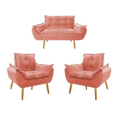 Imagem de Kit Namoradeira e 02 Poltronas Opala Palito Mel Suede Coral - Doce Son