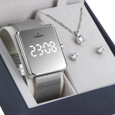 Imagem de KIT Relógio Digital Feminino Champion CH40080S Prata Espelhado