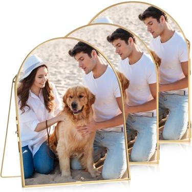 Imagem de Vicenpal 4 molduras de vidro duplo de 20 x 25,4 cm para flores prensadas, vintage, metal dourado, porta-retratos flutuantes, mínimo, vertical, arqueado, para mesa de mesa