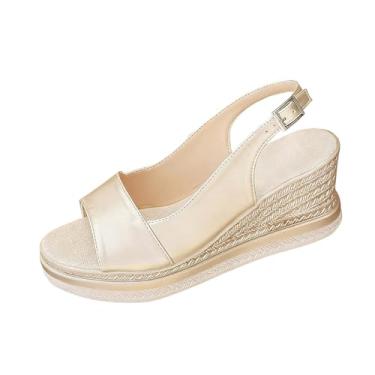 Imagem de Sandálias femininas modernas, casuais, confortáveis, ajuste estendido, monocromático, bico redondo, fivela frontal, tira e sola de cunha, Ouro rosa, 35