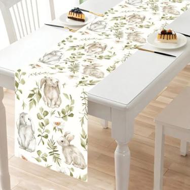 Imagem de Caminho de mesa de Páscoa, caminho de mesa retrô de folha verde de coelho branco, decoração de casa de fazenda rústica suprimentos de cozinha para jantar interno ao ar livre jantar feriado celebração