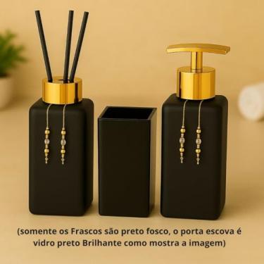 Imagem de Kit de Lavabo com Frascos Vazios - Sabonete Líquido, Aromatizante, Porta-Escovas e Bandeja, Funcional para Banheiro Doméstico (Preto Fosco C/Dourado)