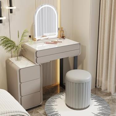 Imagem de Conjunto de mesa moderno com espelho de luz LED, mesa de maquiagem de madeira com banqueta acolchoada, penteadeira que economiza espaço para quartos pequenos (cinza, 50 cm/19,7 pol.)