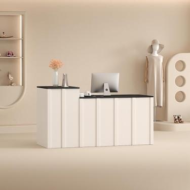 Imagem de Mesa de recepção de madeira preta e branca com bandeja de teclado e gaveta com trava, mesa de balcão elegante para salão, escritório, saguão, 100 x 45 x 95 cm - durável e funcional