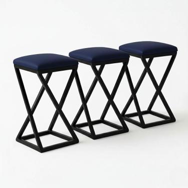 Imagem de Kit 3 Banco Banqueta 80 Cm Alta Bancada Ferro Bistrô Corino Cor:azul Marinho