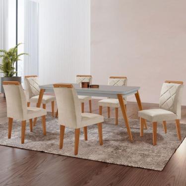 Imagem de Mesa Copper 180cm Mdf Vidro E 6 Cadeiras Melissa Veludo Creme/off/naturale/serig Off Com Vidro