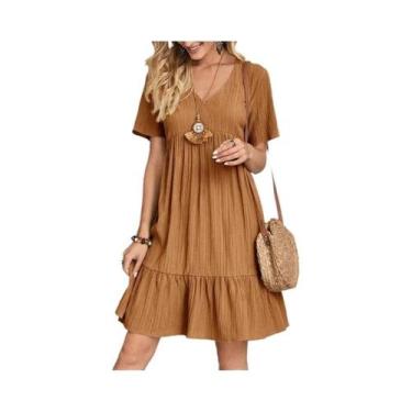 Imagem de Vestido De Praia Feminino Solto Com Decote Em V, Manga Curta, Plissado