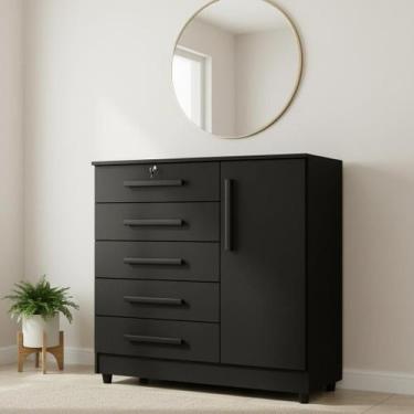 Imagem de Cômoda Grande 5 Gavetas 1 Porta com Chave Elegante - Repleta, Preto