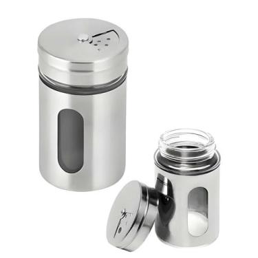 Imagem de Porta Condimentos Saleiro Pimenteiro Aço Inox E Vidro Tampa Com Regula