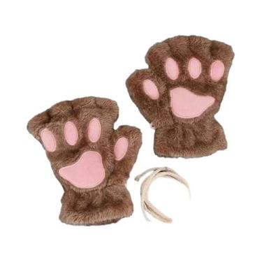 Imagem de Luvas De Inverno Sem Dedos De Pelúcia Fofas Com Pata De Gato E Urso Pa