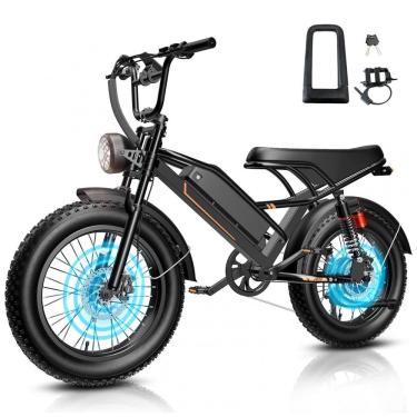 Imagem de Bicicleta elétrica Jasion YR20 preta carbono pneus 20x4 motor 1000W nominal 2000W pico bateria 48V 20Ah 960Wh suspensão dupla 7 marchas 110V