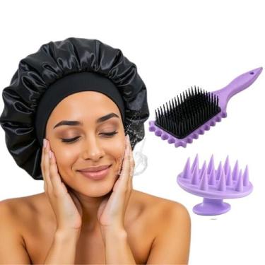Imagem de Escova Cacho Fitagem Massageador Capilar Touca Faixa Cetim - Generica