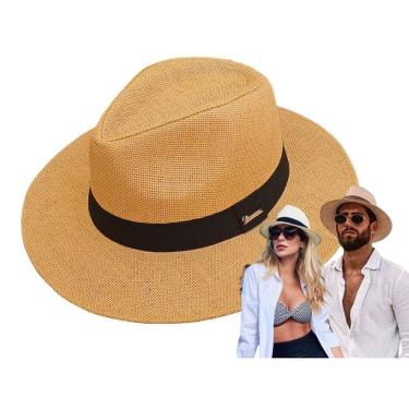 Imagem de Chapéu Panamá OEM Moda Aba Larga Palha Sintética Shantung Aba 7 cm Copa 11 cm Caramelo Unissex