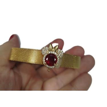 Imagem de Pulseira Feminina de Malha Dourada com Detalhe de Laço e Zircônia - Ma