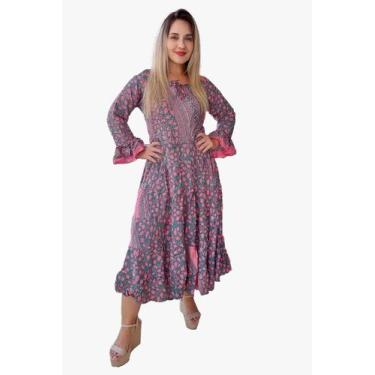Imagem de Vestido Longo Indiano Estampado Manga 3/4 Toque De Seda-cod.008 - Aléc