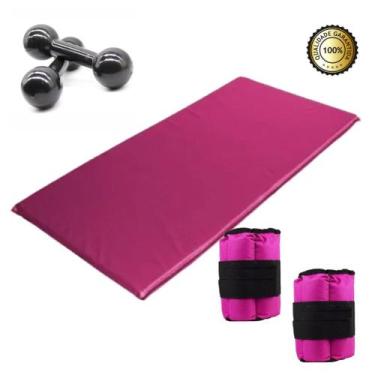 Imagem de Kit Colchonete De Academia +halter 3 kg + Caneleira 5kg Cor:Rosa - Fit