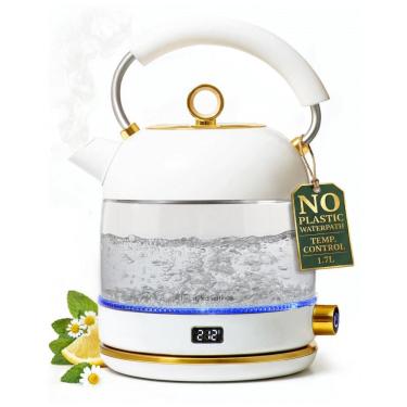 Imagem de Chaleira elétrica STYLED SETTINGS vidro branco e dourado 1,7L 1500W controle de temperatura sem plástico em contato com a água 110V