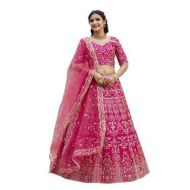 Imagem de Conjunto Lehenga Choli TRENDMALLS Rosa em Cetim com Bordado