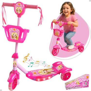 Imagem de Patinete Infantil Menina 3 Rodas Ajustável Até 35kg Luz Som - DM Toys
