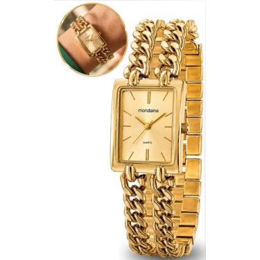 Imagem de Relógio Mondaine Feminino Analógico Quadrado Dourado De Pulso Pulseira