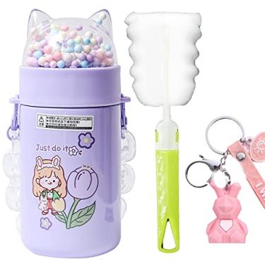 Imagem de Garrafa de água para meninas com alça brilhante para a escola com alça de gato e lantejoulas copo térmico com glitter, presente de aniversário para crianças (menina roxa C, 280 ml)