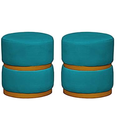 Imagem de 02 Puff Decorativo Luxo Para Sala Kiev Dourado Assento Veludo Azul Turquesa - Folk Móveis