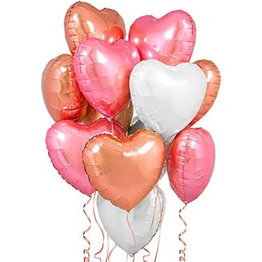 Imagem de Conjunto de balões de coração de ouro rosa – Pacote com 12 balões em formato de coração | 45,7 cm, balões de ouro rosa, branco e rosa | Kit de balões de dia dos namorados para aniversário, despedida de solteira, decoração de noivado