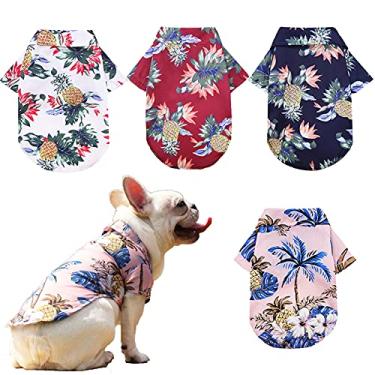 Imagem de Pacote com 4 camisetas havaianas para cães, roupas respiráveis para animais de estimação, moletons para cães, camisas legais de coqueiro, abacaxi, praia para cães pequenos, médios, grandes, gatos, meninos, meninas, roupas polo fofas PP-5GG (grande)