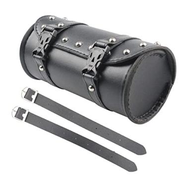 Imagem de Generic Bolsa de guidão de motocicleta, bolsa de armazenamento de barril de couro PU com 2 alças alforjes pretos bolsa de ferramentas de armazenamento apto