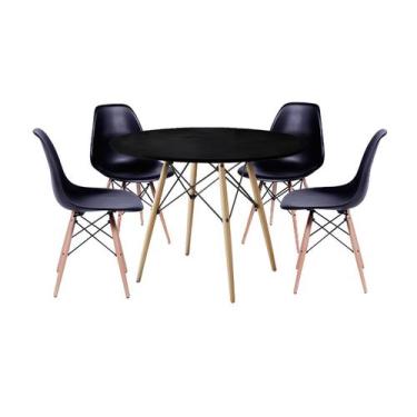 Jogo De Mesa 4 Cadeiras Amarelas Eames Dkr 90 Cm Base Madeira Tampo Preto