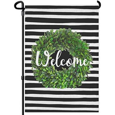 Imagem de HOSNYE Guirlanda de buxo Bem-vindo bandeira de jardim de juta dupla face listras pretas e brancas fundo bandeiras de jardim 30,48 x 45,72 cm para decoração ao ar livre de quintal