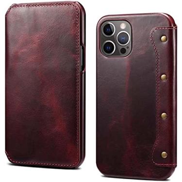 Imagem de GANYUU Capa de telefone flip de couro, para Apple iPhone 13 Pro Max (2021) 6,7 polegadas cera de óleo couro de vaca à prova de choque carteira capa fólio [porta-cartão] (cor: vermelho)