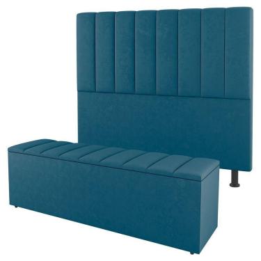 Imagem de Cabeceira E Baú Cama Box King Size Cora 195cm Suede Turquesa