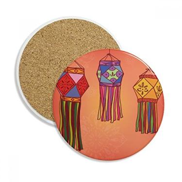 Imagem de Caneca de porta-copos com ilustração colorida da lanterna chinesa com pedra absorvente de proteção de mesa