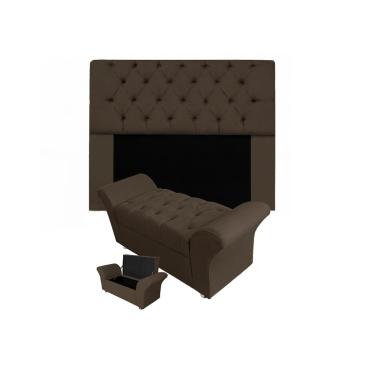 Imagem de Conjunto Cabeceira Mirage e Calçadeira Baú Veneza King 195 cm Suede Marrom - LM DECOR