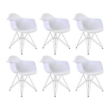 Imagem de Kit 6 Poltronas Eames Eiffel Branca Com Braço Daw Ferro Branco - Cor: Branco