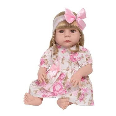 Imagem de Boneca Reborn Bebê Loira Vestido Florido Kit 13 Acessórios