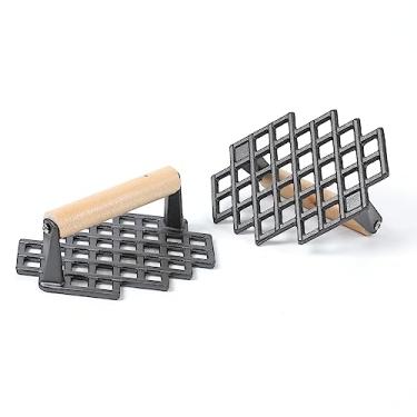 Imagem de HAWOK Prensa de grelha pré-temperada de ferro fundido com cabo de madeira conjunto de 2…