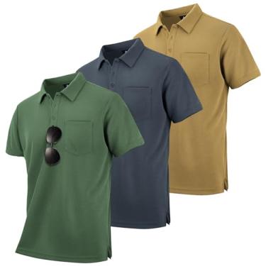 Imagem de Pacote com 3/4/5 camisas polo masculinas Cool Dri manga curta desempenho atlético camisas de treino casuais, 3 peças - verde militar + cáqui + cinza, G