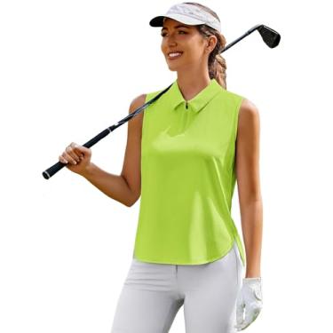 Imagem de PINSPARK Camiseta feminina de golfe, sem mangas, FPS 50+, tênis, gola V, secagem rápida, atlética, gola 1/4, regata para treino, Verde neon, XXG
