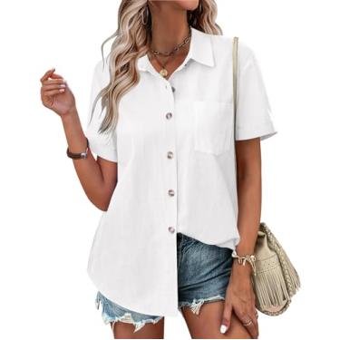 Imagem de Zeagoo Camisetas femininas com botões coloridas, manga curta, algodão, linho, blusas casuais de verão, A - Branco, GG