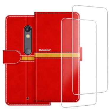 Imagem de ESACMOT Capa de celular compatível com Motorola Moto X Play + [2 unidades] película protetora de tela, capa protetora magnética de couro premium para Motorola Moto X Play (5,5 polegadas) vermelha
