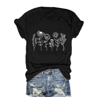 Imagem de Camisetas femininas com estampa de flores silvestres estampa casual manga curta verão camiseta de férias, N-preto, GG