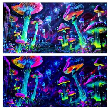 Imagem de Dtekoj Fundo de aquário com luz negra 91 cm x 45 cm Fundo de cogumelo UV reativo fundo de terrário céu estrelado com 10 fita dupla face EVA