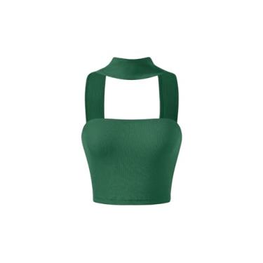 Imagem de SHENHE Top cropped feminino de malha frente única frente única sem mangas de verão, Verde escuro, G