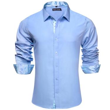 Imagem de Barry.Wang Camisa social masculina resistente à água manga comprida gola patchwork camisa para negócios/casamento smoking regular, Azul claro, G