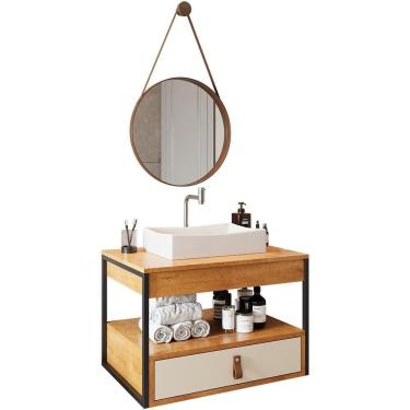 Imagem de Gabinete De Banheiro Com Espelho E Cuba Branca Preto-canela-off White-castanho