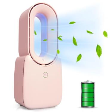 Imagem de CONBOLA Ventilador de mesa, ventilador de mesa pequeno sem lâmina de 20 cm, refrigerador de ar, ventoinha portátil recarregável e silenciosa com controle de toque, luz de LED decorativa de 5 cores para quarto de escritório (rosa rosa)