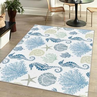 Imagem de Tapete náutico costeiro para quarto e sala de estar, tapete macio de veludo baixo, tapete lavável para área de praia - Cavalo-marinho azul claro moderno, 20 x 25 cm