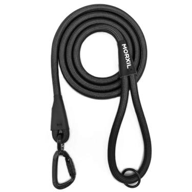 Imagem de MORXIL Coleira de corda para cães, coleira resistente de 1,2 m com mosquetão de travamento automático de alumínio de aviação, guia de nylon forte para cães pequenos, médios e grandes (preta, 1,2 m)